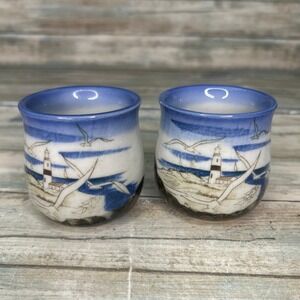 Otagiri Japan Stoneware Potbelly Tea Cups Vintage Gulls Lighthouse Sailboat